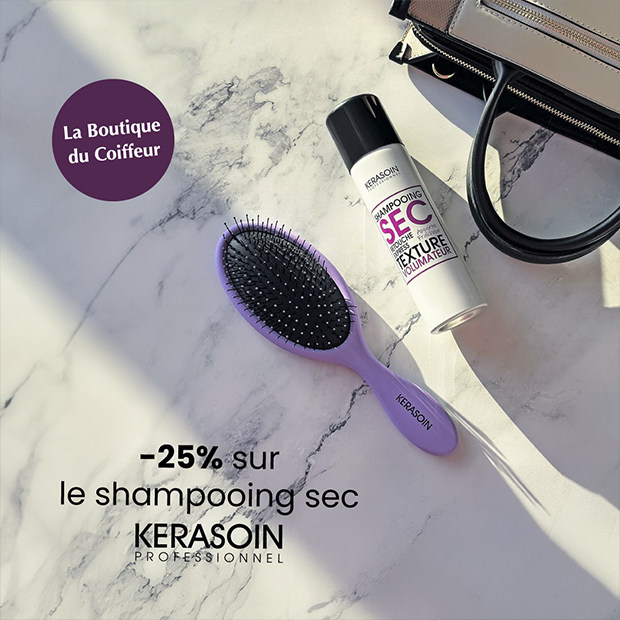 Visuel promotionnel d'une brosse et d'un shampooing sec avec l'offre -25% sur le shampooing sec KERASOIN chez La Boutique du Coiffeur